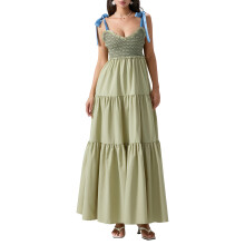 (S, Army Green) Robe longue fluide à bretelles nouées pour femme, motif à lignes irrégulières, sans manches, col en V, dos nu