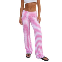(M, Pink) Pantalon de détente rayé à jambes larges pour femme, taille repliable, coupe ample et décontractée, bas de pyjama