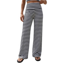 (M, Black Stripe) Pantalon de détente rayé à jambes larges pour femme, taille repliable, coupe ample et décontractée, bas de pyjama