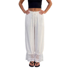 (L, White) Pantalon bloomer printemps-été pour femme, taille haute, ourlet en dentelle, jambes larges, cordon de serrage.