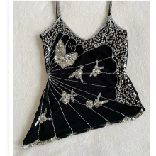 (S, Black) Débardeur papillon à sequins pour femme, sans manches, à fines bretelles, transparent, style chemise d'été
