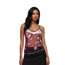 (M, Wine Red) Débardeur papillon à sequins pour femme, sans manches, à fines bretelles, transparent, style chemise d'été