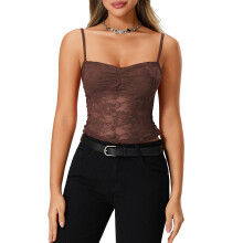 (XL, Dark Brown) Débardeurs d'été en dentelle pour femmes, sans manches, froncés sur le devant, couleur unie, coupe ajustée