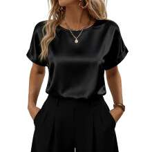 (M, Black) T-shirts en satin pour femmes, amples, unis, à manches courtes et col rond, style streetwear estival tendance
