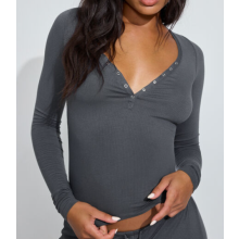 (S, Dark Grey) Hauts Henley côtelés unis pour femmes, coupe ajustée, boutonnés, col en V, manches longues, courts, style automne