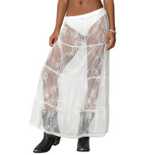 (M, White) Dames midi lingerie rok, los model, doorschijnend mesh, stijlvolle witte kanten rok met bloemenprint en lage taille.
