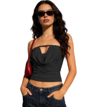 (S, Black) Haut bustier femme, dos nu, col châle, coupe ajustée, couleur unie, idéal pour l'été