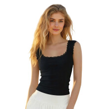 (L, Black) Dames tanktops met kanten afwerking, geribbelde gebreide casual vesten, zomerse modieuze mouwloze T-shirts, streetwear