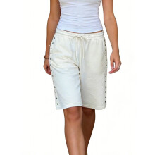(S, Beige) Short femme mi-long, taille élastique rivetée, coupe ample, style streetwear estival