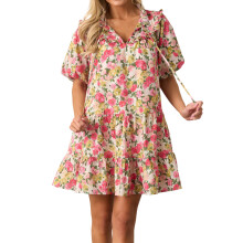 (M, Pink) Robe d'été courte pour femme, imprimé floral, coupe ample et décontractée, col en V élégant, manches courtes
