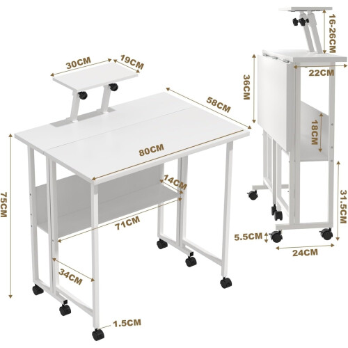 Folding Desk with Wheels Foldable Side Table with Storage Layer for Bedroom Living Room 2