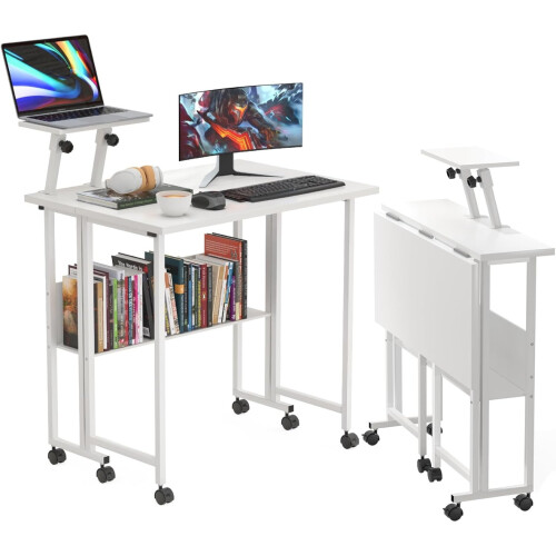 Folding Desk with Wheels Foldable Side Table with Storage Layer for Bedroom Living Room 1