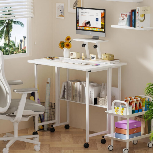Folding Desk with Wheels Foldable Side Table with Storage Layer for Bedroom Living Room