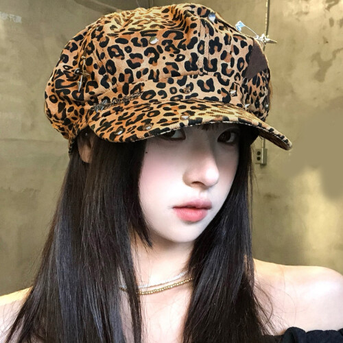 Fashionable Beret Hat With Double Style Design-Leopard print OS 2