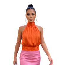 (XL, Orange) Dames zomer haltertopjes, modieus, effen kleur of stippenprint, open rug, perfect voor een avondje uit.