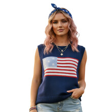 (S, Black) Regata feminina de tricô sem mangas com estampa de bandeira, gola redonda e ideal para festas casuais do 4 de julho.