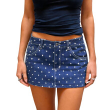 (L, Blue) Damskie letnie mini spódniczki jeansowe w kropki, casualowe, dżinsowe, na plażę, klubowe, streetwear
