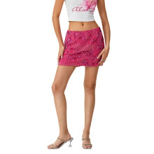 (S, Rose Red) Women Sequin Short Skirt Beaded Flower Low Rise Mini Bodycon Skirt Trendy Summer Streetwear