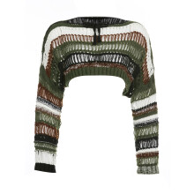 (M, Green) Women Knit Crop Tops, Long Sleeve Crew Neck Hollowed Contrast Color Loose Ladies Tops