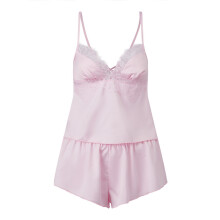 (M, Pink) Letni komplet piżam damskich, stylowy, jednokolorowy top z koronką i szortami, strój domowy, 2 sztuki