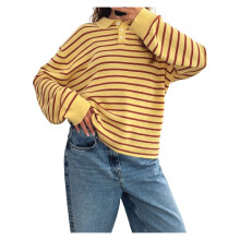 (M, Yellow) Suéter feminino listrado com gola, manga comprida, estilo pulôver, em tricô, ideal para o inverno e outono.