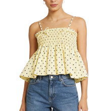 (L, Yellow) Débardeur femme sans manches, dos nu, imprimé à pois, nœud papillon, idéal pour les soirées et les clubs.