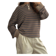 (M, Khaki) Suéter feminino listrado com gola, manga comprida, estilo pulôver, em tricô, ideal para o inverno e outono.