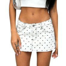 (L, WHITE) Dames zomer mini jeansrokjes met stippenprint, casual denim rokje voor strandvakantie, club, streetwear