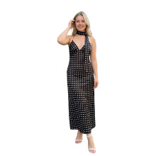 (S, Black) Robe longue débardeur à pois pour femme, dos nu, bretelles spaghetti, sans manches, à volants et foulard inclus.