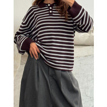 (L, Burgundy) Suéter feminino listrado com gola, manga comprida, estilo pulôver, em tricô, ideal para o inverno e outono.