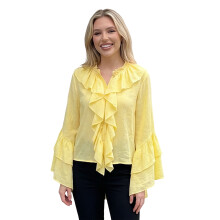 (M, Yellow) Női fodros, áttetsző blúz, alkalmi, laza, V-nyakú, hosszú ujjú ing, tavaszi/nyári utcai viselethez