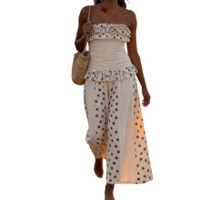 (M, White) Tweedelige zomeroutfit voor dames: strapless topje met ruches en lange rok, strandkleding