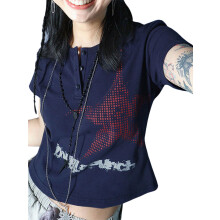 (M, Dark Blue) T-shirts courts à manches courtes imprimé étoiles pour femmes, style streetwear d'été