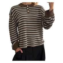 (M, Dark Brown) Suéter feminino listrado com gola, manga comprida, estilo pulôver, em tricô, ideal para o inverno e outono.