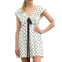 (S, White) Robe d'été courte pour femme, imprimé à pois, col en V, manches à volants, nœud décoratif, coupe fluide