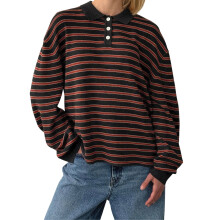 (S, Red) Suéter feminino listrado com gola, manga comprida, estilo pulôver, em tricô, ideal para o inverno e outono.