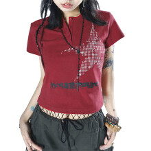 (L, Red) T-shirts courts à manches courtes imprimé étoiles pour femmes, style streetwear d'été
