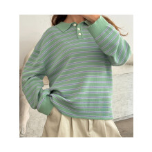 (L, Green) Suéter feminino listrado com gola, manga comprida, estilo pulôver, em tricô, ideal para o inverno e outono.