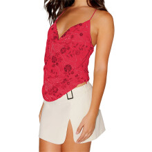 (M, Red) Dames camisole met pailletten en bloemen, colkraag, spaghettibandjes, open rug, asymmetrische stijl, zomerse streetwear