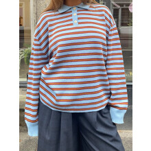 (S, Blue) Pull rayé à col pour femme, manches longues amples, en maille, style décontracté hiver/automne