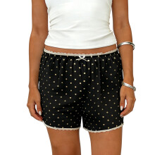 (S, Black) Damen Shorts mit Punktmuster und Spitzenbesatz, niedrige Bundhöhe, Mini-Boxershorts, lässige Sommer-Streetwear