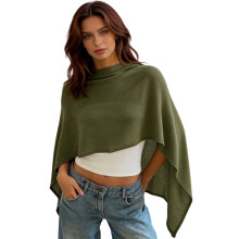 (L, Army Green) Poncho tricoté pour femme, couleur unie, châle asymétrique, cape confortable pour toutes les saisons