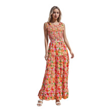 (S, Mixed Color) Robe d'été longue et fluide à épaules dénudées, sans manches, à imprimé floral et buste smocké.