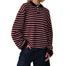 (L, Pink) Suéter feminino listrado com gola, manga comprida, estilo pulôver, em tricô, ideal para o inverno e outono.