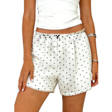 (L, Ivory) Damen Shorts mit Punktmuster und Spitzenbesatz, niedrige Bundhöhe, Mini-Boxershorts, lässige Sommer-Streetwear