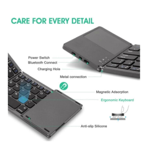 (Silver) Prncalprior Foldable Bluetooth Keyboard with Touchpad, Wireless Mini Keyboard 2