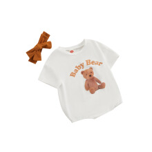 (6-12 Months, White) Combinaison bébé à imprimé ours et lettres, manches courtes, vêtement d'été décontracté avec bandeau