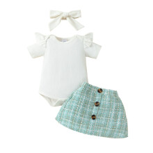 (12-18 Months, Light Green) Ensemble 3 pièces bébé fille : barboteuse à volants, jupe à carreaux et bandeau. Vêtements d'été.