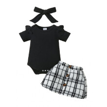 (9-12 Months, Black) Ensemble 3 pièces bébé fille : barboteuse à volants, jupe à carreaux et bandeau. Vêtements d'été.