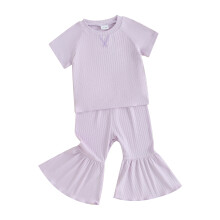 (3-4 Years, Purple) Ensemble 2 pièces fille : haut manches courtes en maille côtelée, pantalon évasé taille élastique, couleur unie.